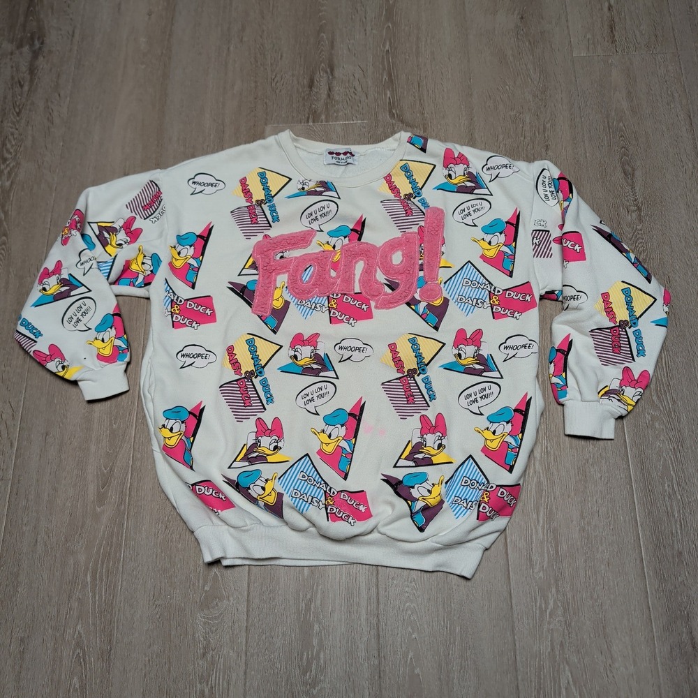 Rare Vintage Y2K Donald Daisy Duck Comic Print Sweatshirt Fang! Patch XL Pockets